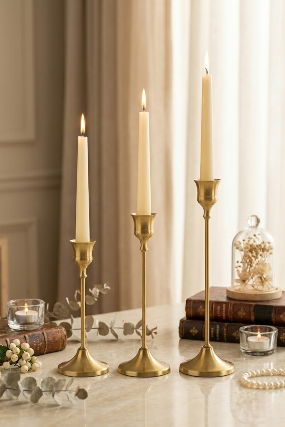 Altın Renk Vintage Metal Şamdan 3’lü Set | Çizilmeye Dayanıklı Dekoratif Mumluk | Sevgililer Günü Hediyesi