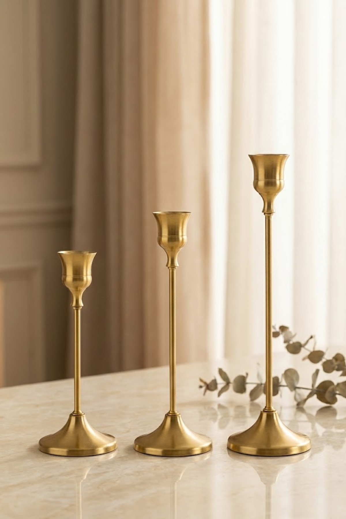 Altın Renk Vintage Metal Şamdan 3’lü Set | Çizilmeye Dayanıklı Dekoratif Mumluk | Sevgililer Günü Hediyesi