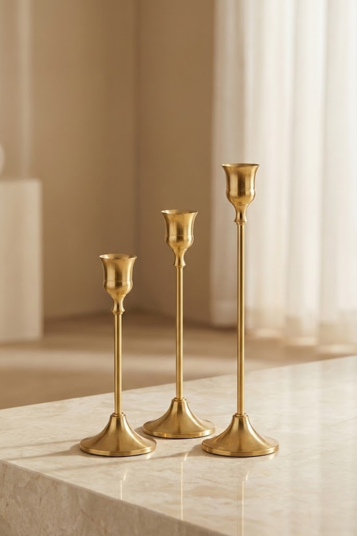 Altın Renk Vintage Metal Şamdan 3’lü Set | Çizilmeye Dayanıklı Dekoratif Mumluk | Sevgililer Günü Hediyesi